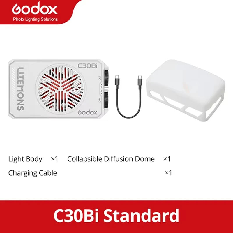 C30Bi LED light kit with white diffusion dome, USB-C cable, and controls for color temperature and dimming.