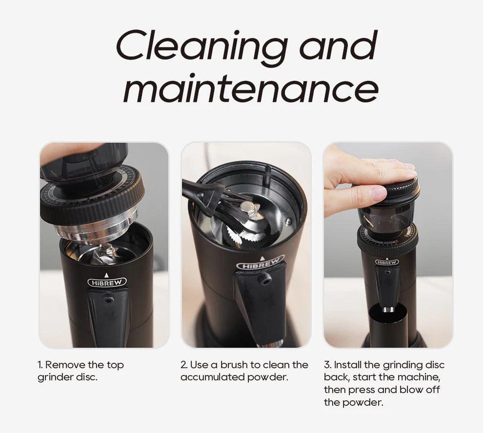 HiBREW black electric coffee grinder maintenance guide showing how to clean the removable burr grinding disc.