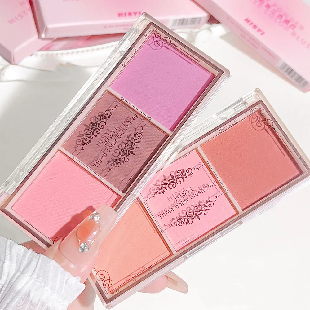 Tidesmit three-color matte blush palette featuring natural nude shades for a brightened complexion texture close-up