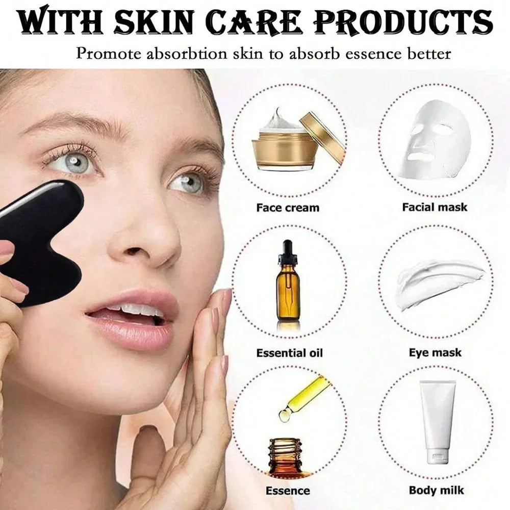 Woman using a black, heart-shaped Gua Sha tool on her face, alongside icons showing various skincare product pairings.
