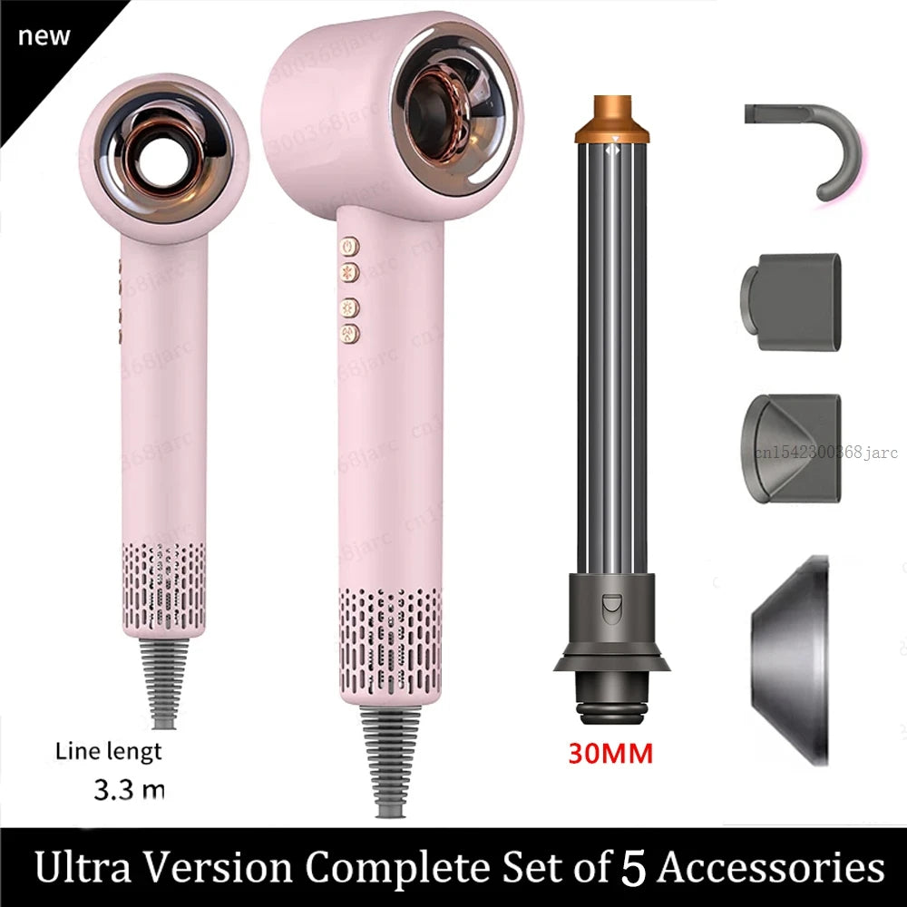 Pink 1600W leafless negative ion hair dryer with 5 styling attachments, 30mm curling wand, and 3.3m cord.