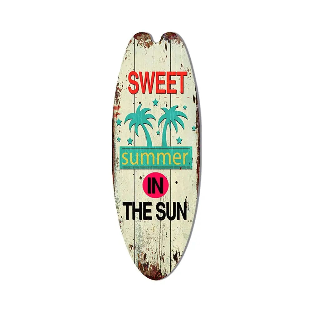 Wood surfboard hanging sign, light cream “Sweet Summer in the Sun” with palm trees