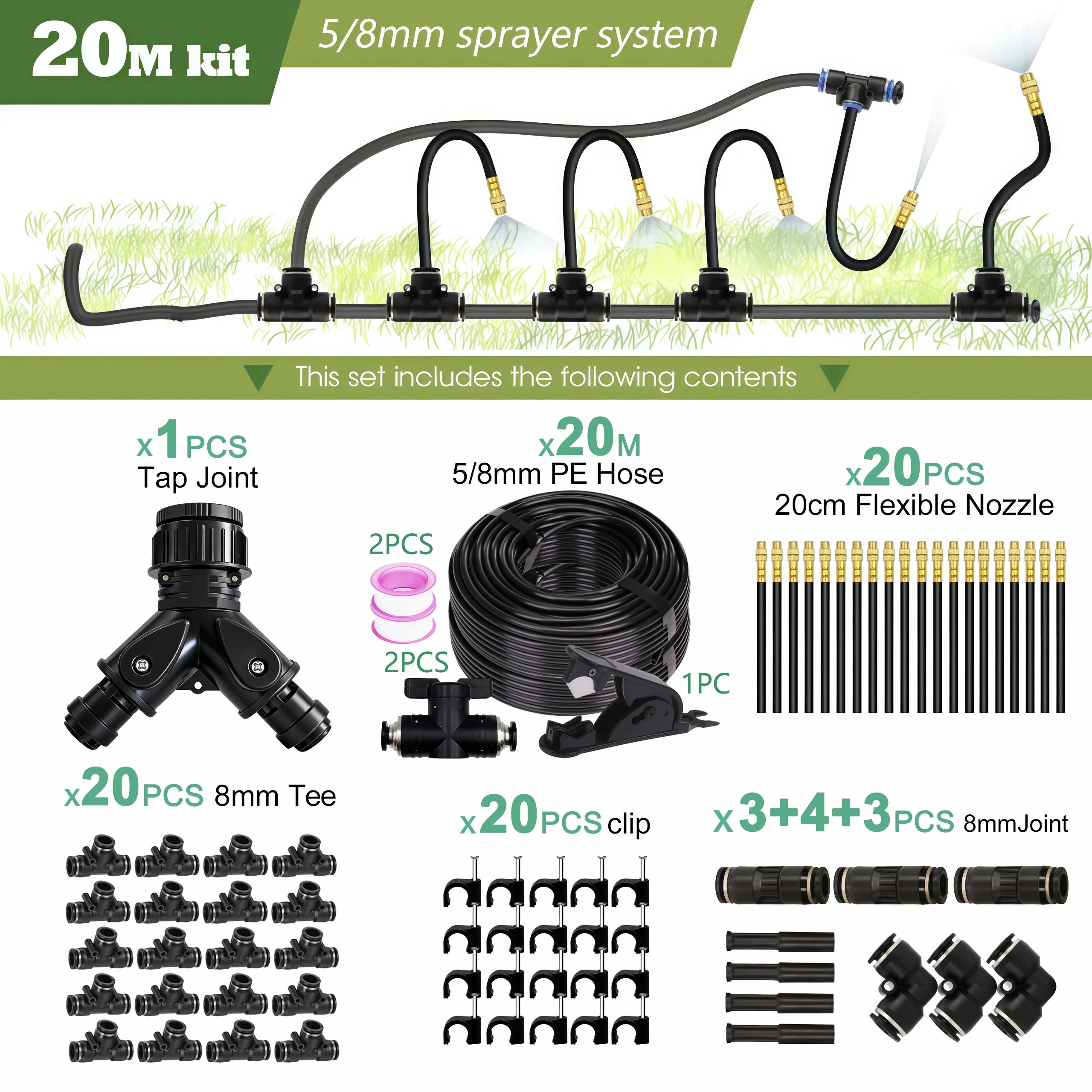 Garden 5-30M 8mm PE Hose 20cm 360° Bending Brass Nozzle Spray Kit Atomized Automatic Irrigation Equipment Plants Mist Wateriing