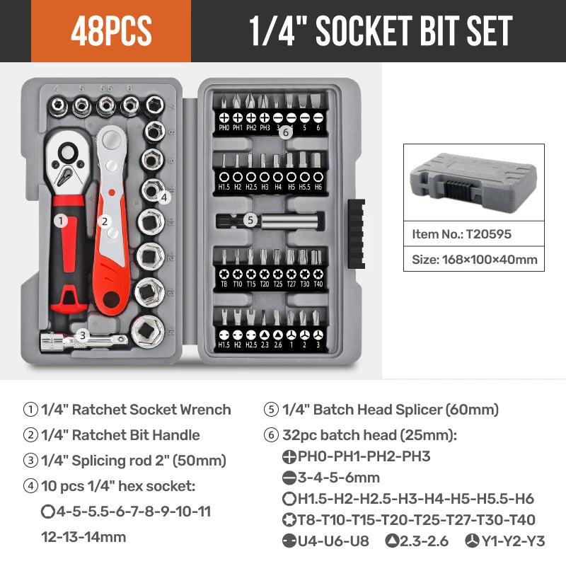 Hi-Spec 1/4" Drive Quick-Release 40 in 1 Ratchet Socket Bit Set Cr-V Steel Phillips/Slotted Screwdrivers for Repair & Hand Tools