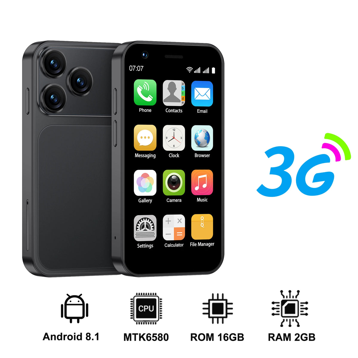 Black 3-inch mini Android smartphone with front display showing app icons
