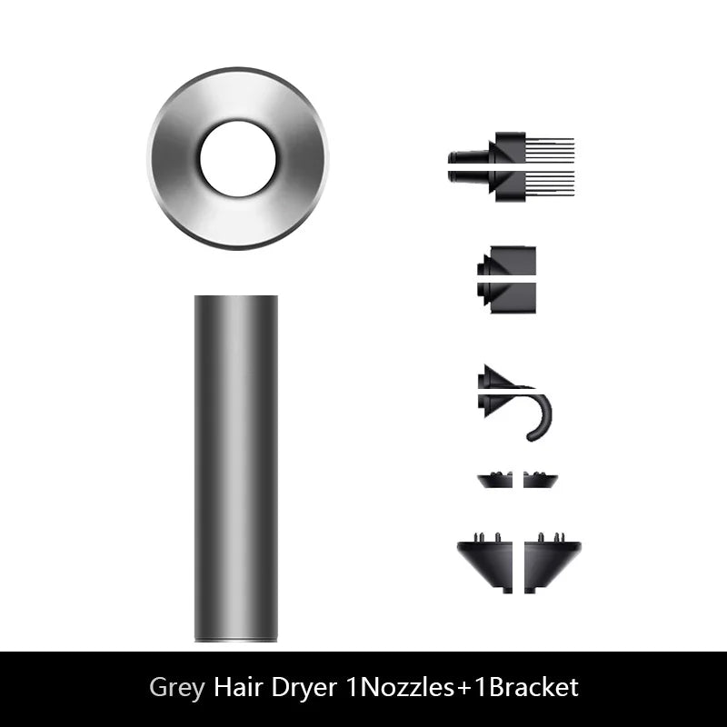 Grey ionic hair dryer with 5 styling attachments for professional, lightweight blowouts and versatile hair care.