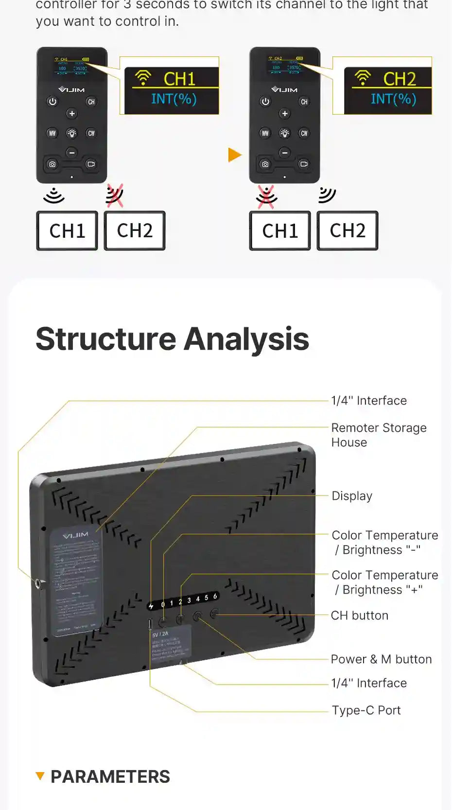 Black rectangular wireless LED light panel with rear control buttons, display, Type-C port, and mounting interfaces.