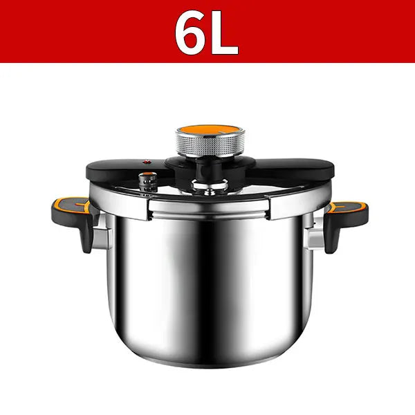 6L stainless steel pressure cooker with black lid, pressure valve, and side handles