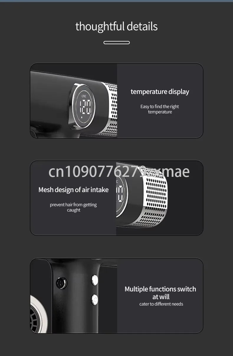 Black 1800W professional hair dryer with LCD temperature display, anti-tangle air intake, and multi-function buttons.