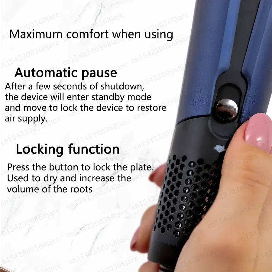 Blue 2-in-1 professional hair straightener and dryer with locking plate button for root volume and styling.