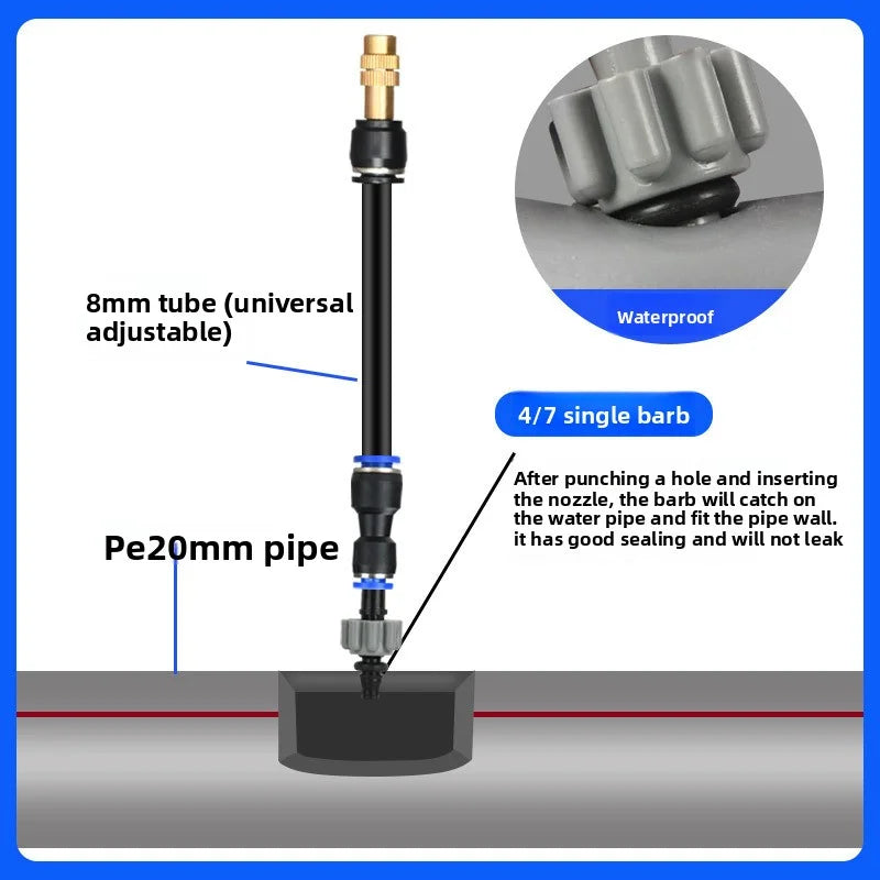 Automatic irrigation sprinkler kit with black PE tubing and adjustable copper nozzle