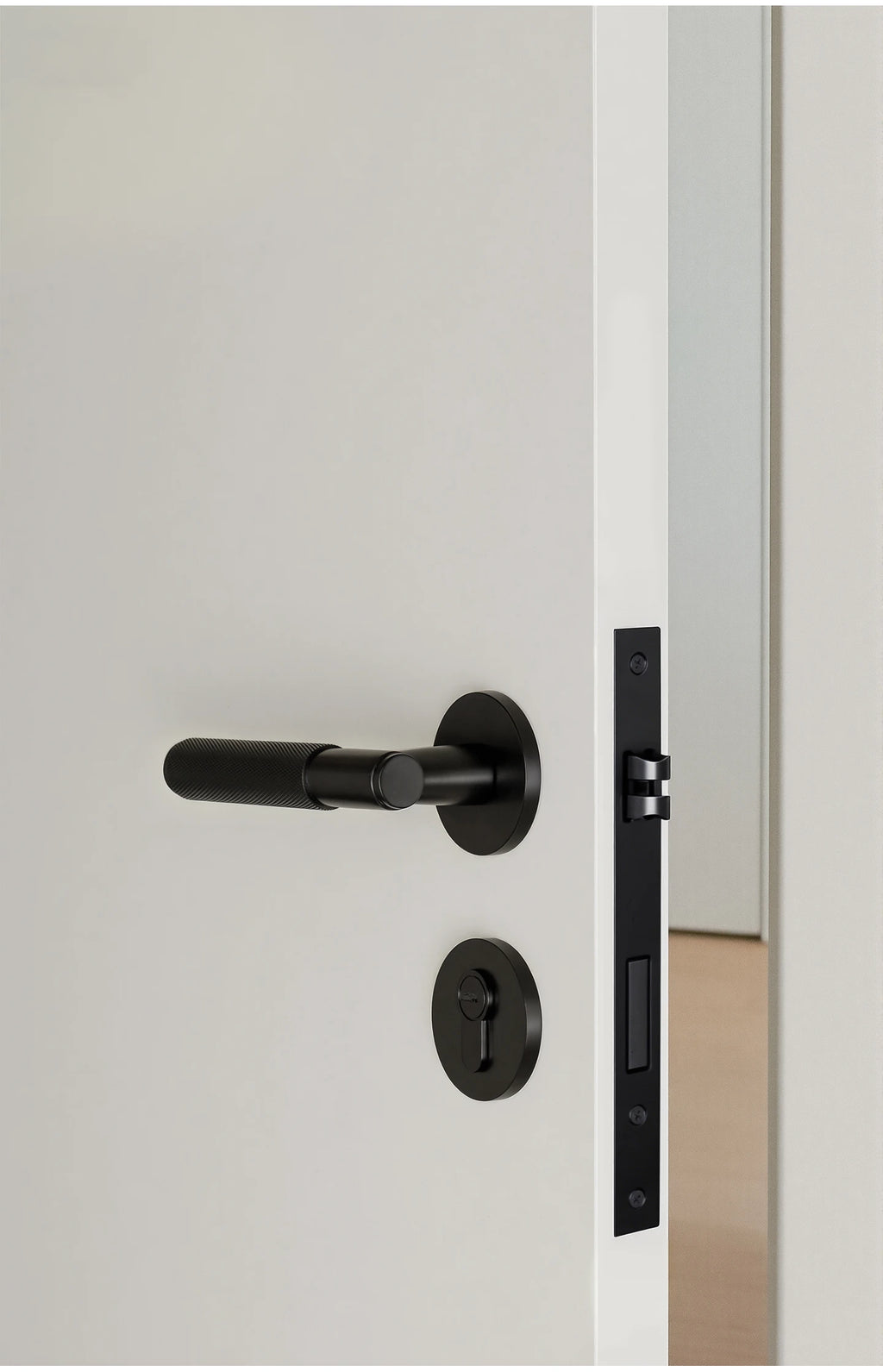 DOOROOM Brass Door Lock Set Modern Knurled Matte Black Interior Door Lock Decorative Lock Privacy Lock Passage Lock