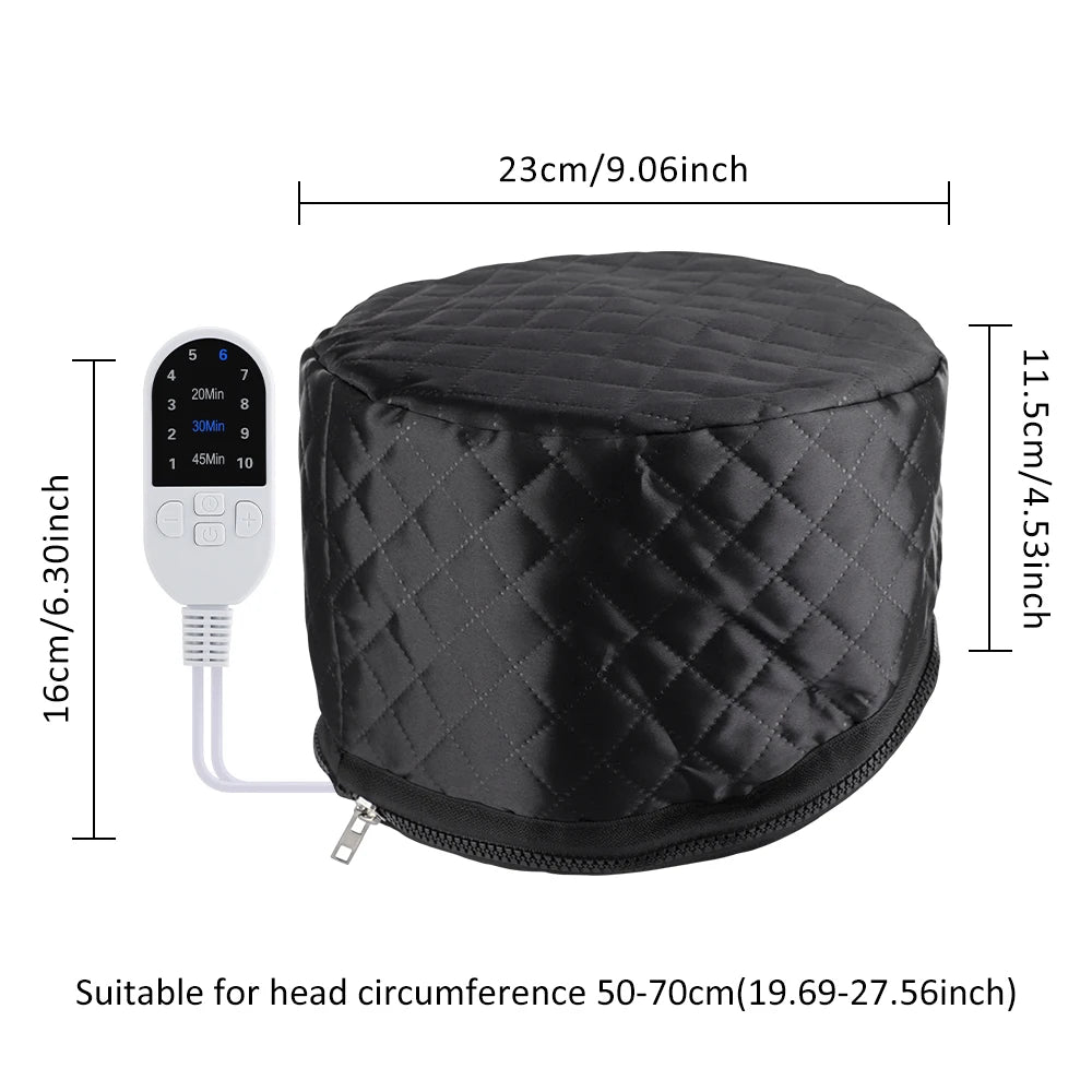 Black quilted PU leather electric hair steamer cap with remote control for deep conditioning spa treatment at home.