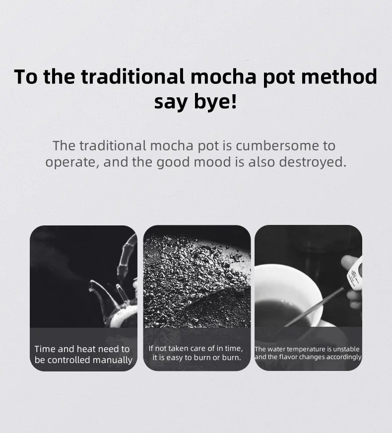 Infographic showing challenges of traditional mocha pots: manual heat control, burnt grounds, and unstable temperature.