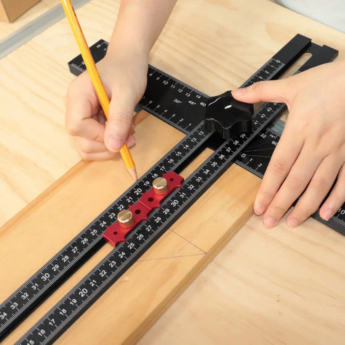 Adjustable corner drilling square ruler with black scales, red clamp bar, and angle guide