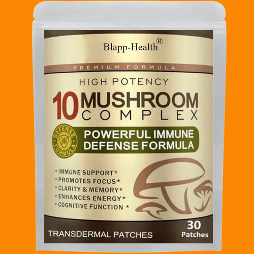 Blapp-Health 10 mushroom blend transdermal patch pouch. Adaptogen immune defense and focus support for daily wellness.