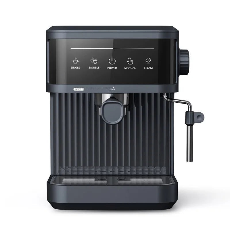 Dark grey espresso machine with touchscreen controls, milk frother, and ribbed design for modern kitchen brewing.