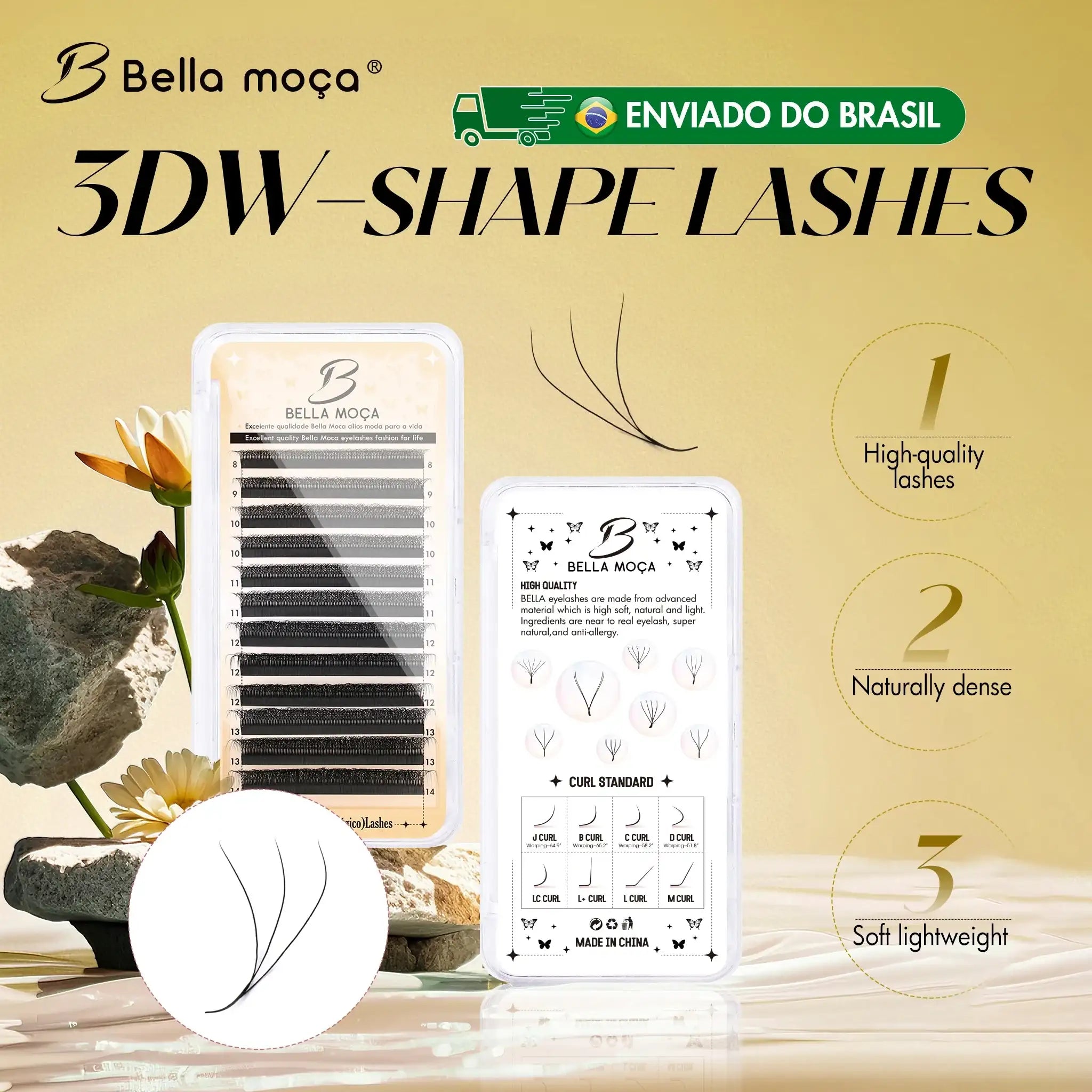 Two cases of black 3DW-shape volume eyelash extensions on a beige background with floral and stone accents.