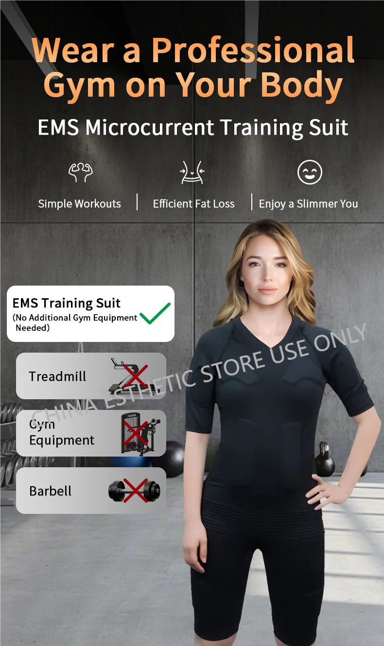 Woman wearing a black wireless EMS microcurrent fitness suit for muscle training and efficient weight loss workouts.