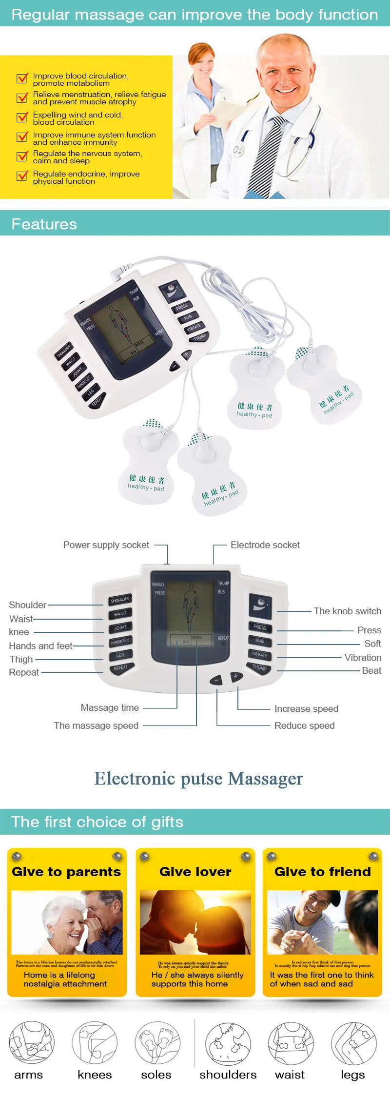 TENS Muscle Stimulator 16-Pad System with 10 Intensity Levels Massage Cushion Tidesmit
