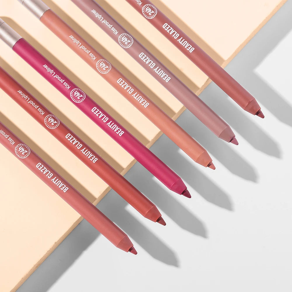 Set of Beauty Glazed matte waterproof lip liner pencils in various nude and berry shades for precise lip makeup.