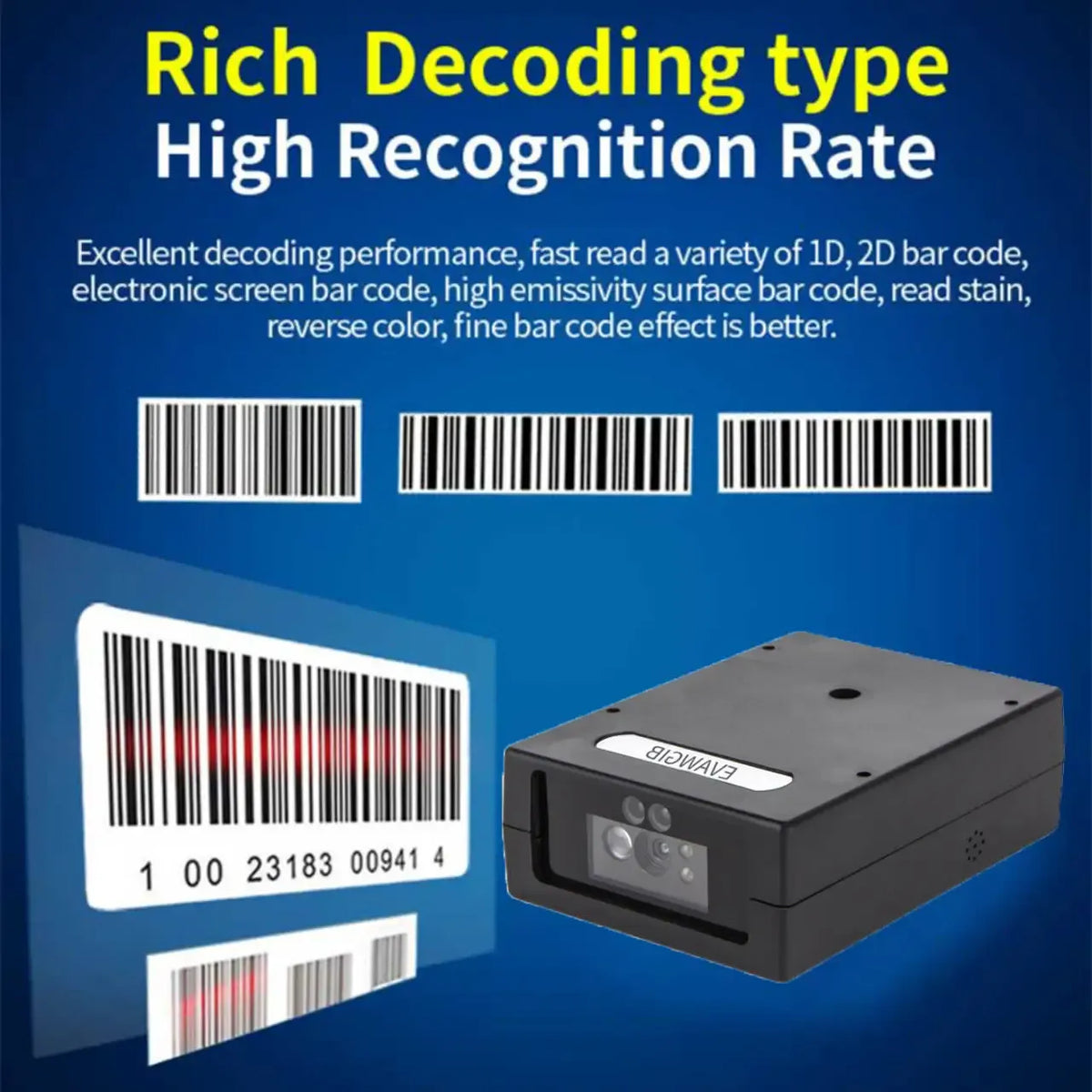 2D barcode scanner module next to multiple printed barcodes