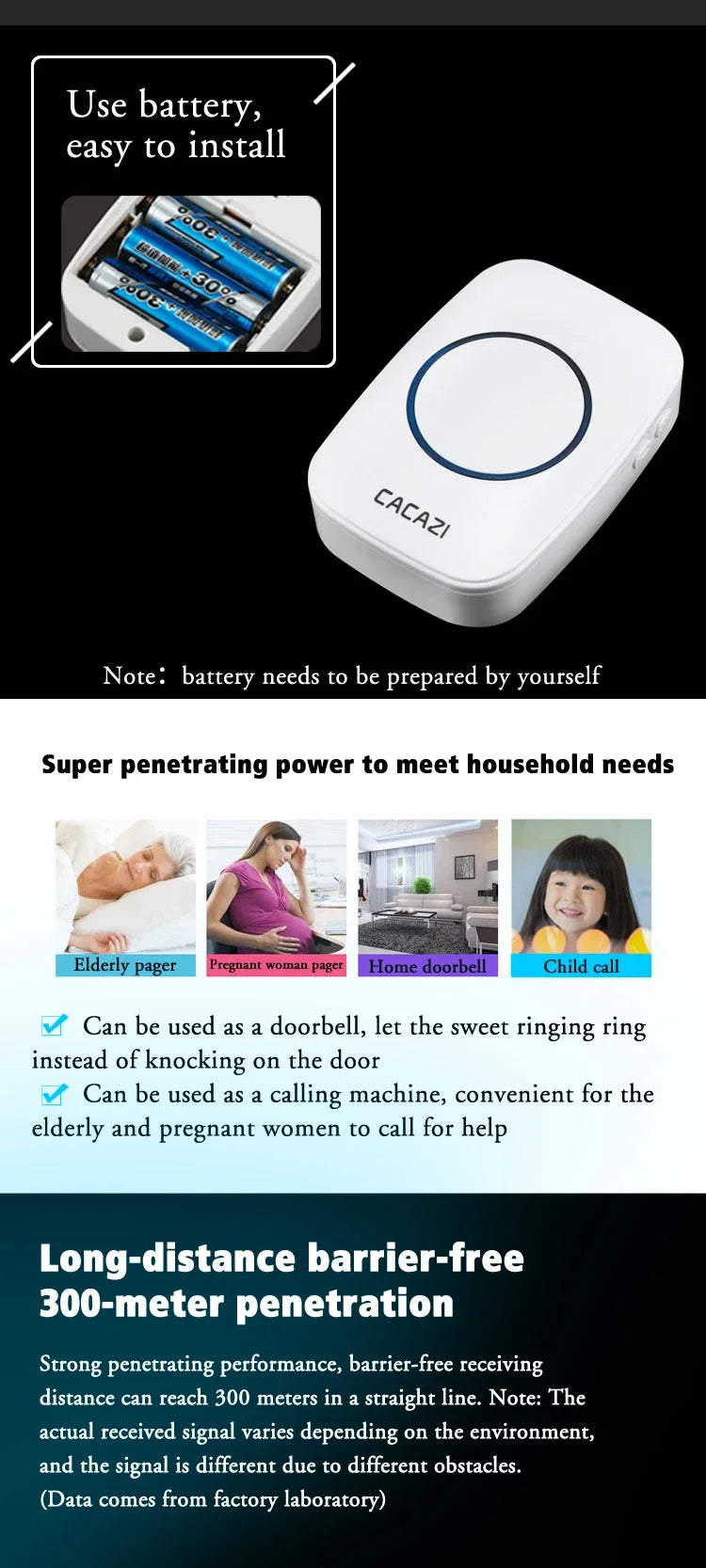 CACAZI 36 music 110DB 300M Wireless Doorbell Waterproof Remote Battery powered Smart Door Bell Battery 1  2 Button 1 2  Receiver