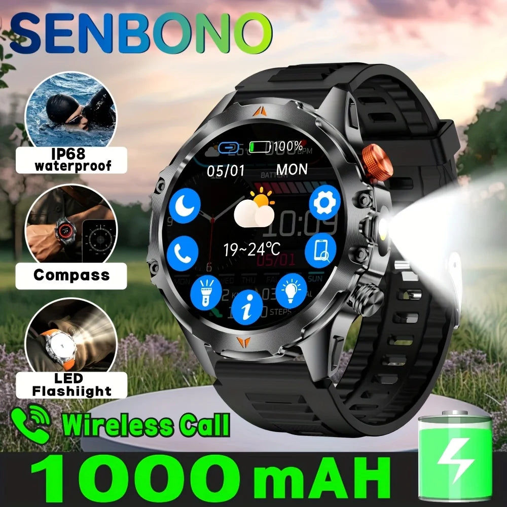 SENBONO Men's Smart Watch Amoled Display Bluetooth Call 1000mAh Compass Led Light IP68 Waterproof Sport Smartwatch For Men