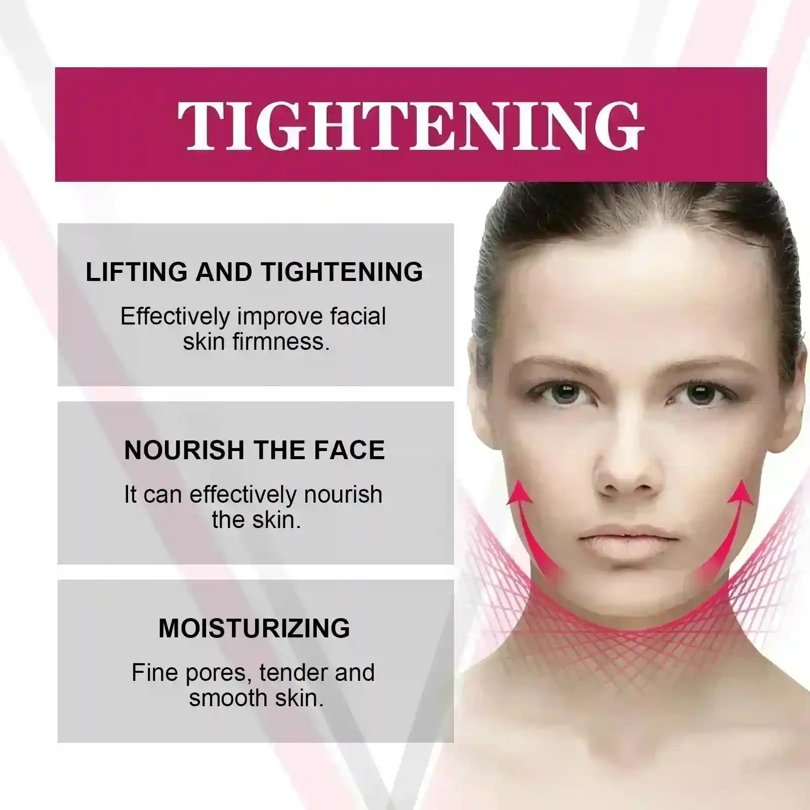 Infographic showing a woman's face with red arrows lifting her jawline and text highlighting anti-aging skin benefits.