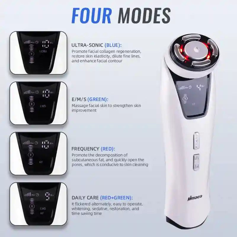White mini HIFU radio frequency facial machine with LED display, 4 modes, EMS, and ultrasonic skin tightening tool.