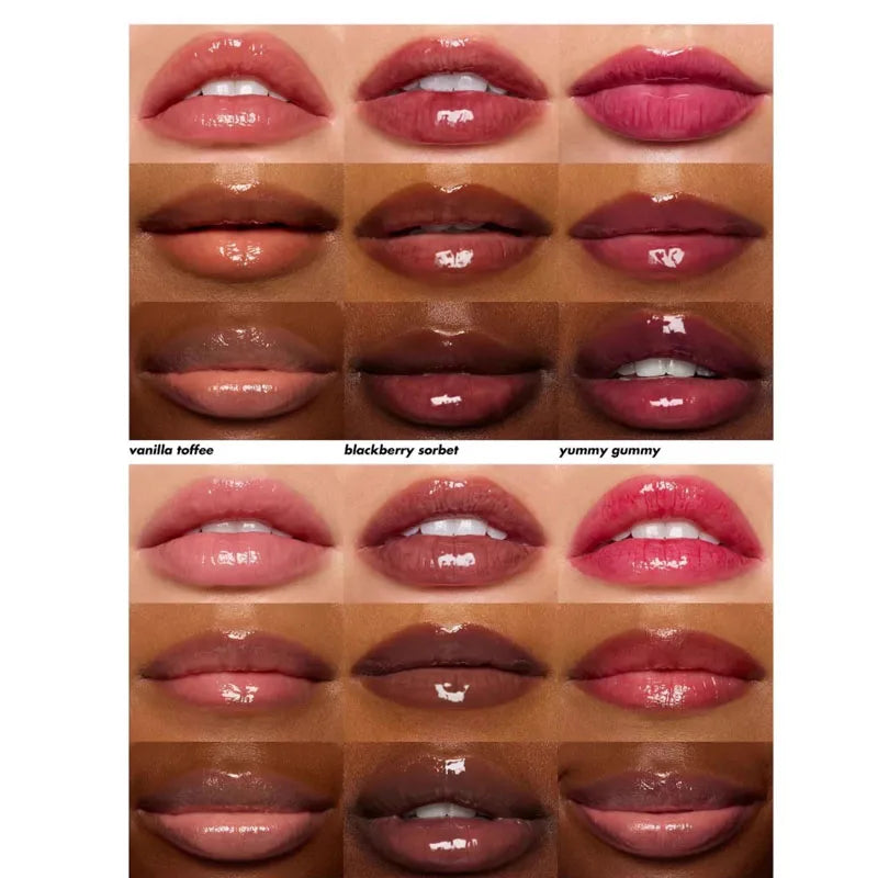 Elf Christmas lip gloss swatch chart showing glossy, moisturizing shades like Vanilla Toffee on diverse skin tones.