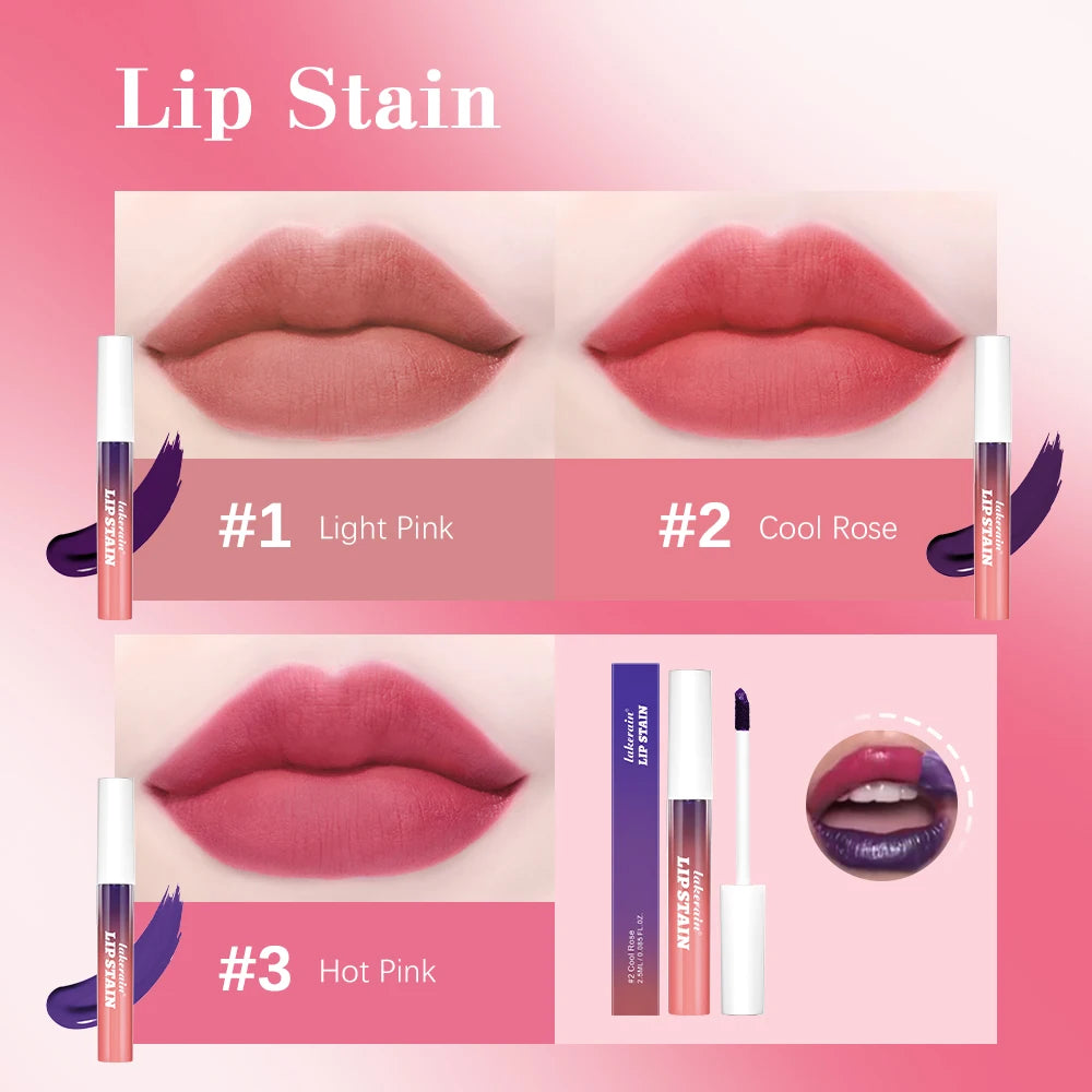 Waterproof matte peel-off lip stain kit in Light Pink, Cool Rose, and Hot Pink for long-lasting, transfer-proof color.