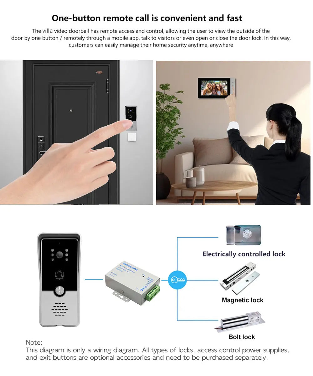 4 Wire 7 Inches Wired Video Doorbell Door Phone Support Unlock, Monitoring, Dual-Way Intercom for Villa Home Office Apartment