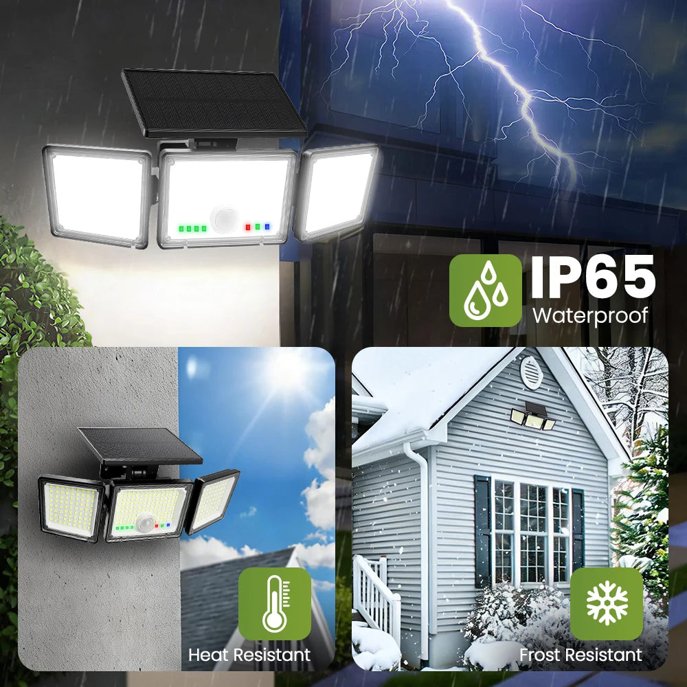 Solar Lights Outdoor 3 Heads Motion Sensor 286/236LED Security Flood Lights Waterproof 3 Modes Wall Lamp for Garden Patio Yard