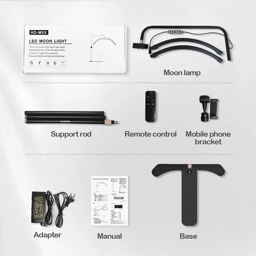 LED moon lamp kit with black crescent light, support rod, remote, phone bracket, adapter, and T-shaped base.