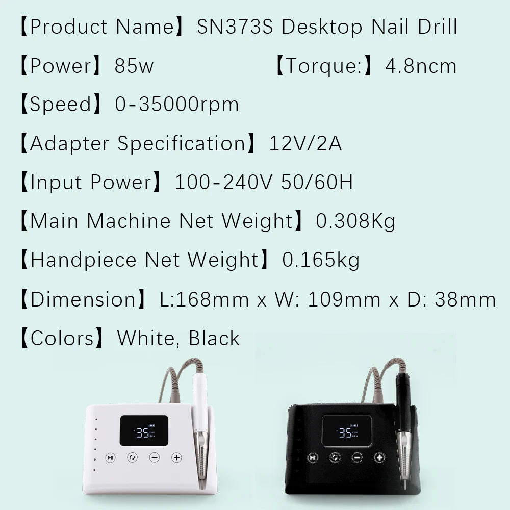 Brushless 35000RPM Portable 2-in-1 Electric Desktop Nail Drill Machine Drilling Manicure Nail Polisher 85w Powerful with Bit Set