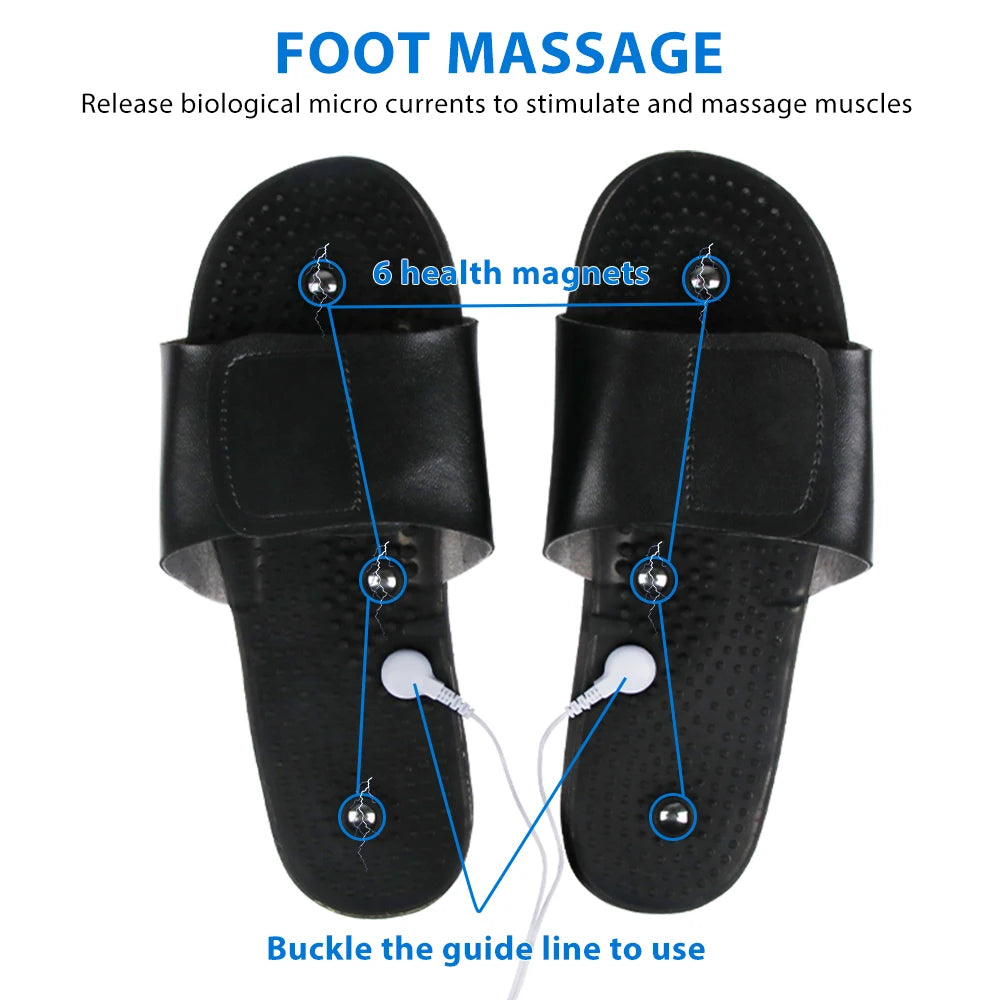 Black EMS foot massage slippers with 6 magnetic nodes and electrode cables for physiotherapy and muscle stimulation.