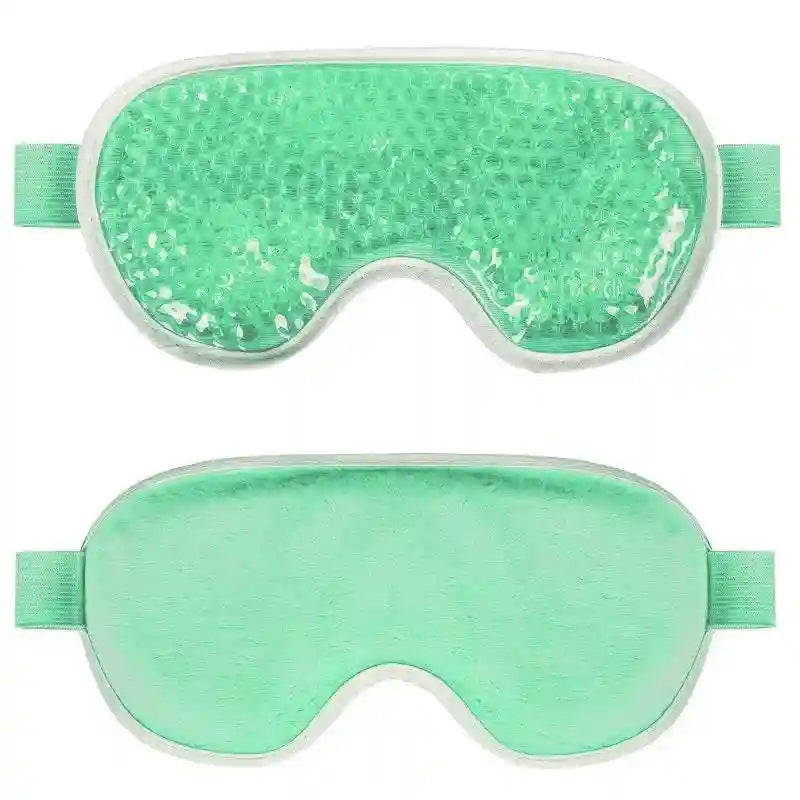 Two mint green eye masks: one shows the textured gel bead side, the other shows the soft plush side.