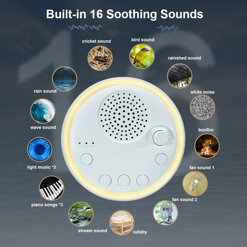 White round sleep aid machine with volume knob, timer buttons, and 16 soothing sounds for better sleep.