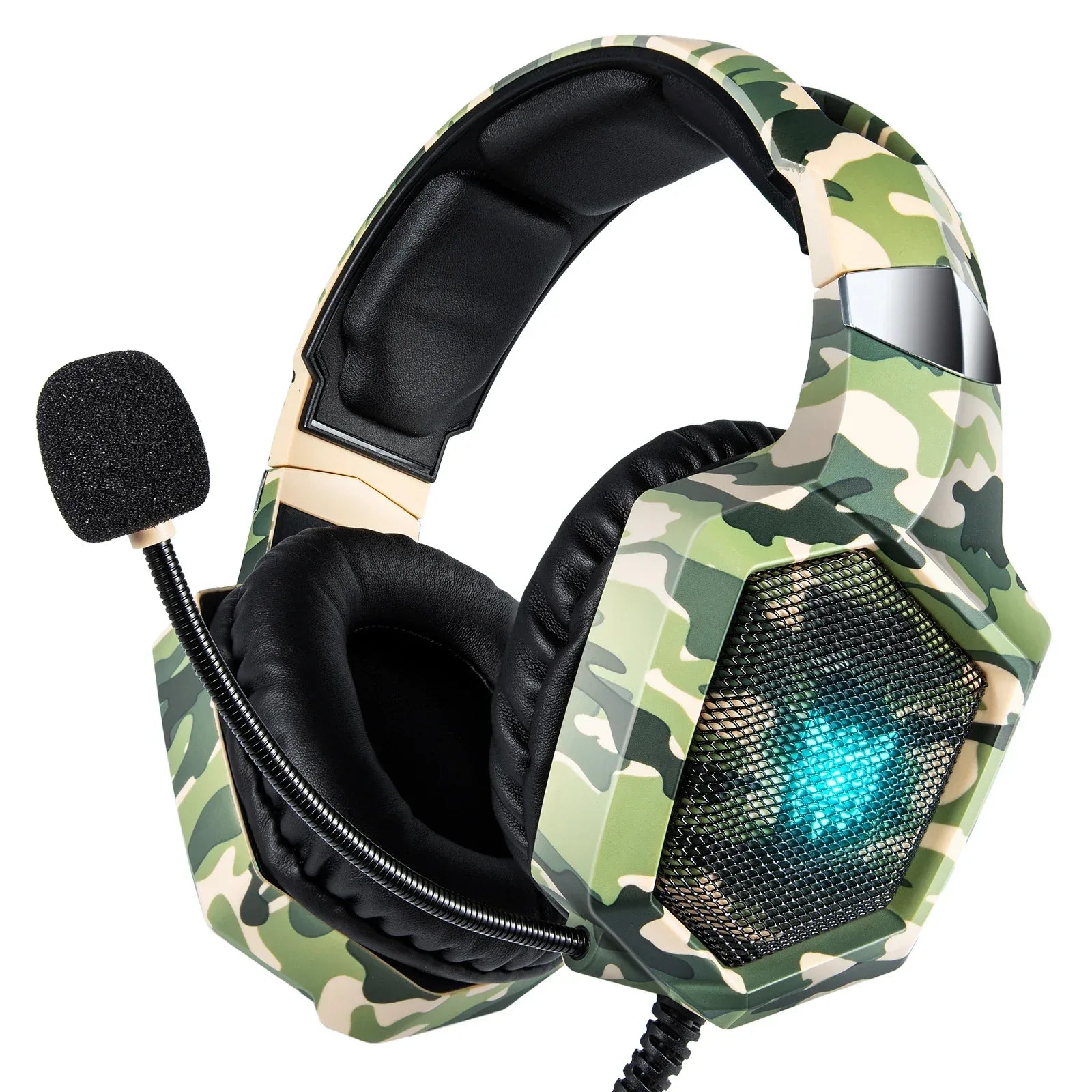 Wired Gaming Headphones With HD Mic and RGB Lights - Tidesmit Camouflage Green Tidesmit