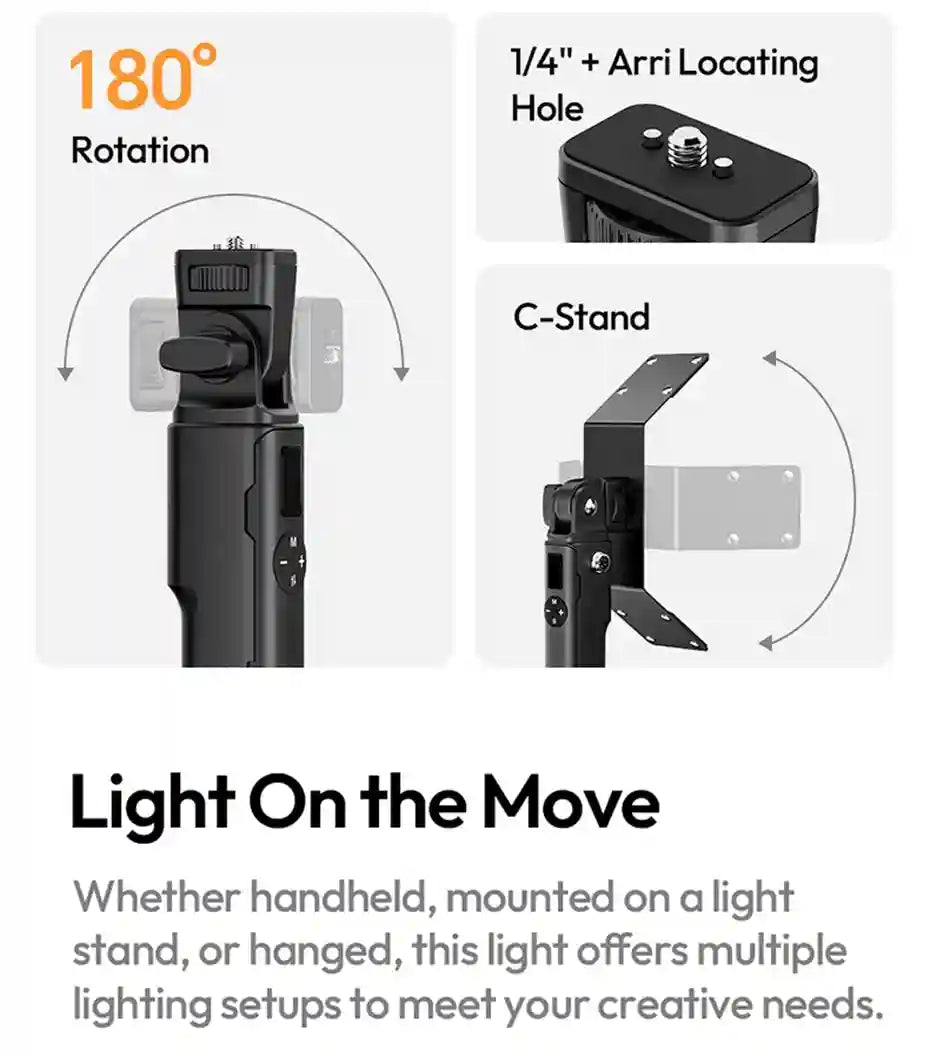 Black LED light stick with 180-degree rotation, 1/4-inch Arri mounting, and C-stand adapter for versatile lighting.