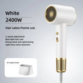 White 2400W high-speed hair dryer with gold accents, blue light care, 5-speed settings, and a styling nozzle attachment.