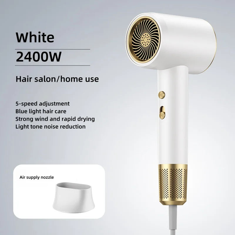 White 2400W high-speed hair dryer with gold accents, blue light care, 5-speed settings, and a styling nozzle attachment.