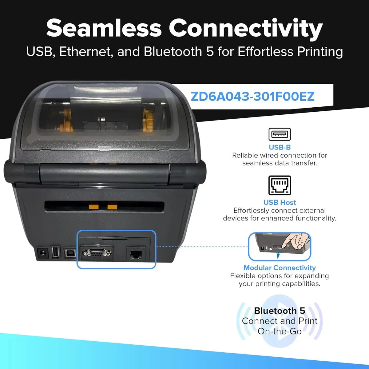 Front view thermal label printer with open print area and visible connectivity ports