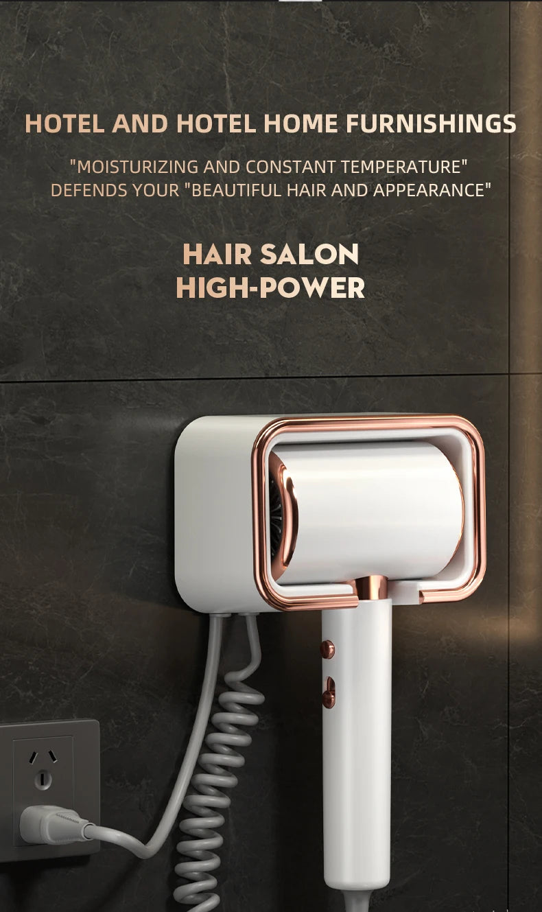 White and rose gold wall-mounted hair dryer with coiled cord and blue light tech for salon-style home hair care.