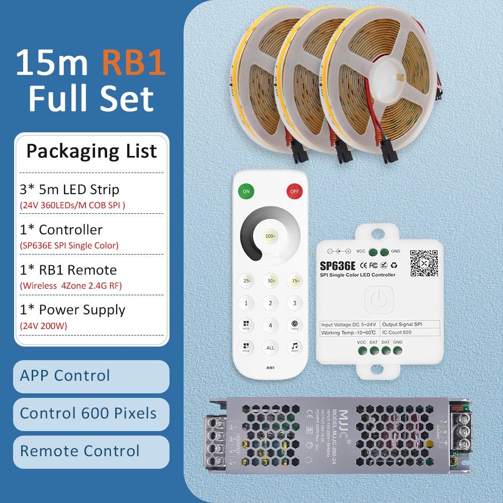 15m RB1 LED strip kit with SP636E controller, wireless remote, and 24V power supply