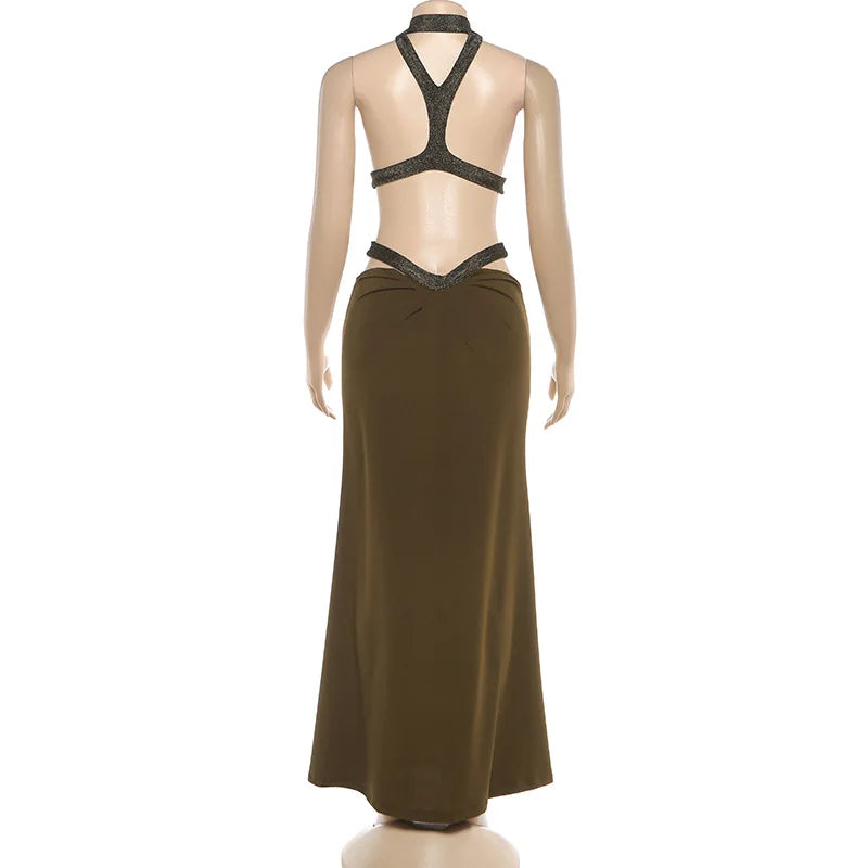 Sexy Women's Maxi Dress Halter Hollow Out Backless Sleeveless Ruched Evening Long Dresses Party Chic Robe Green Purple Summer