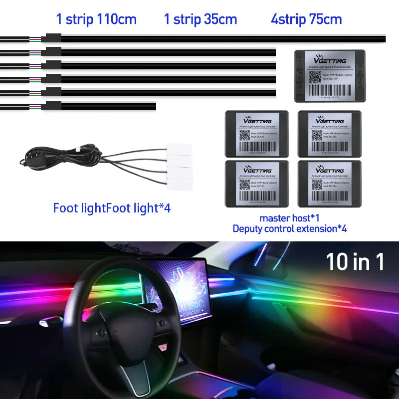 10-in-1 car ambient light kit with LED strips, control modules, and footwell lights for customizable vehicle interior.