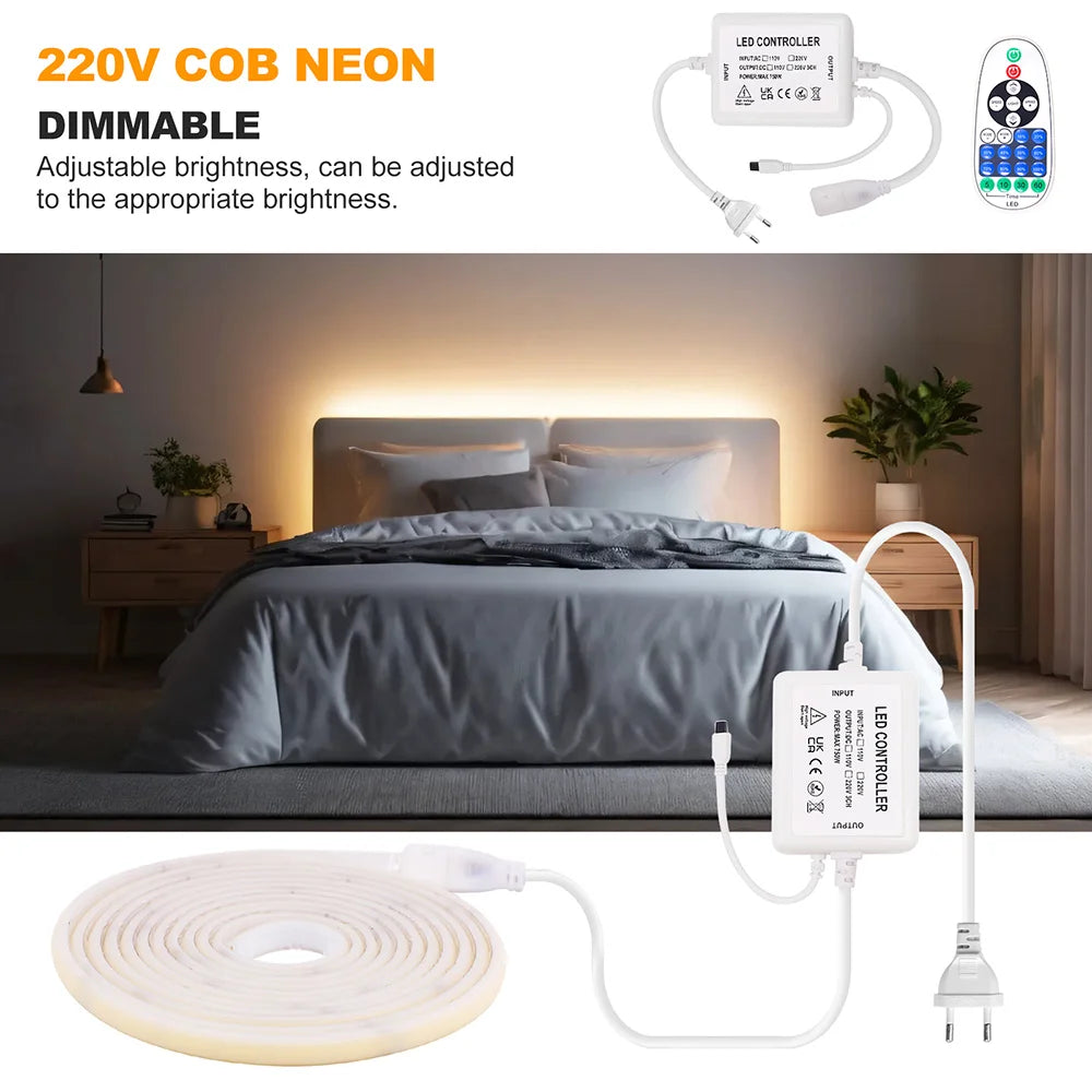 Wifi Bluetooth COB LED Neon Strip Light Wall Touch 23key Remote Control 220V Dimmer Power Kit 5m 10m 20m 0.5m 240LED/m Flex Lamp