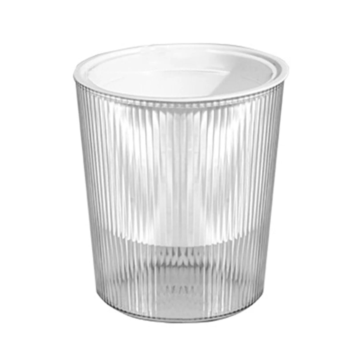 Self-watering planter pot with clear transparent ribbed body and white top insert